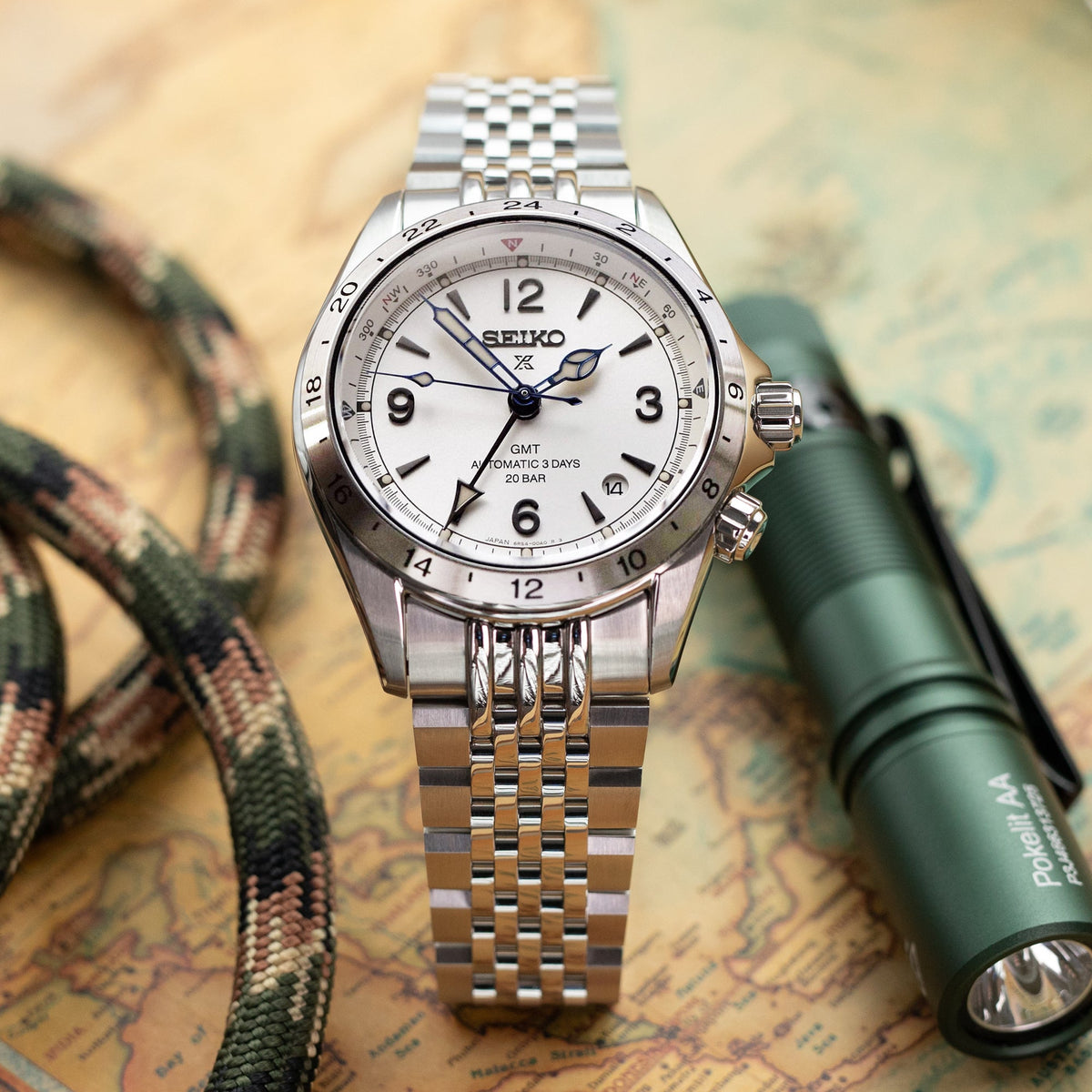 20mm Asteroid Watch Band for Seiko Alpinist SARB017, 316L Stainless Steel Brushed and Polished V-Clasp