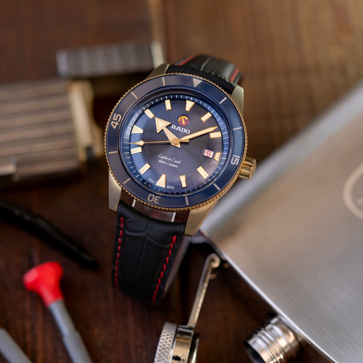 Q.R. 19mm or 21mm Black CrocoCalf (Croco Grain) Semi-Curved Watch Band, Red Stitch.
