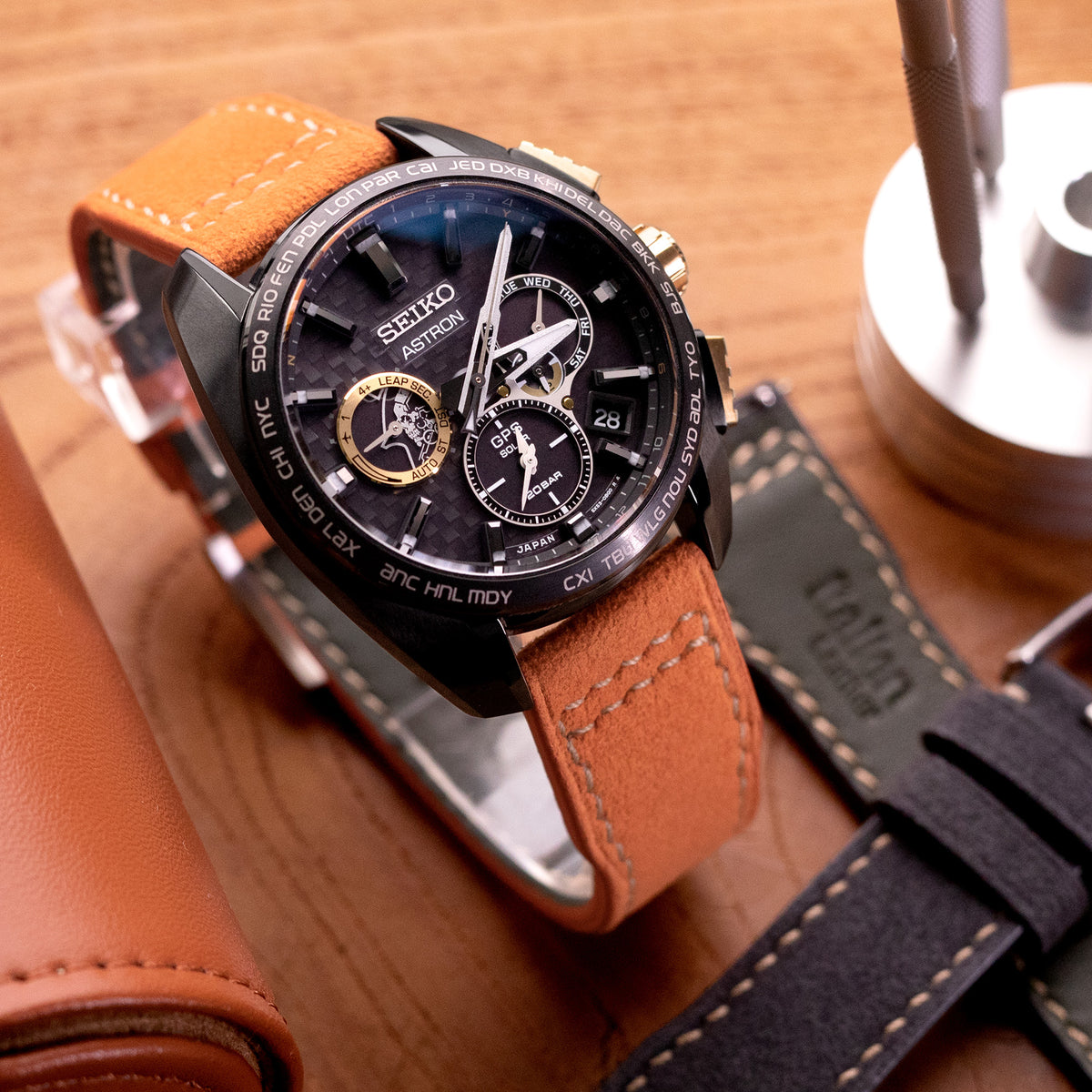 Orange Alcantara Fabric Quick Release Watch Band, Beige Stitching, 20mm, 21mm or 22mm