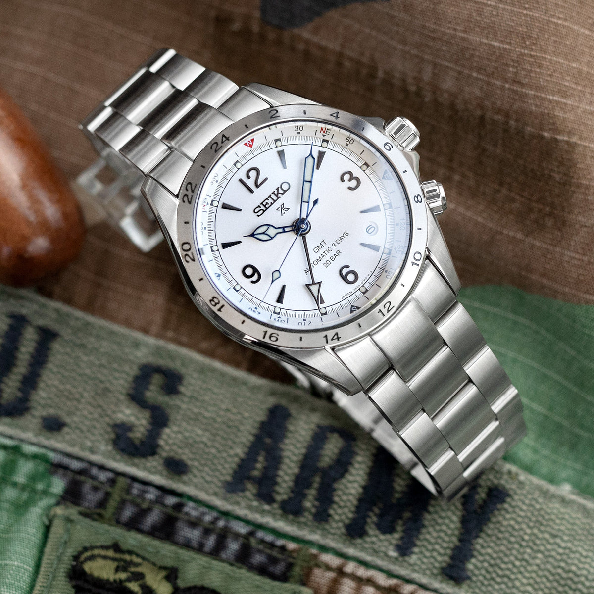 20mm Super-O Boyer Watch Band compatible with Seiko Alpinist SARB017 (or Hamilton Khaki H70455733), Brushed V-Clasp Button Double Lock