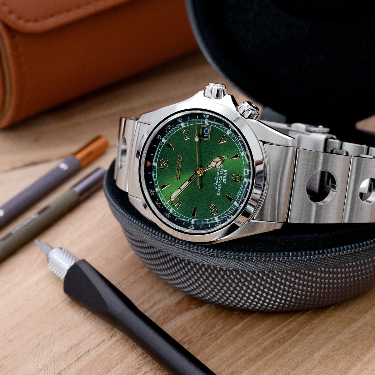 20mm Rollball version II Watch Band for Seiko Alpinist SARB017, 316L Stainless Steel Brushed Baton Diver Clasp