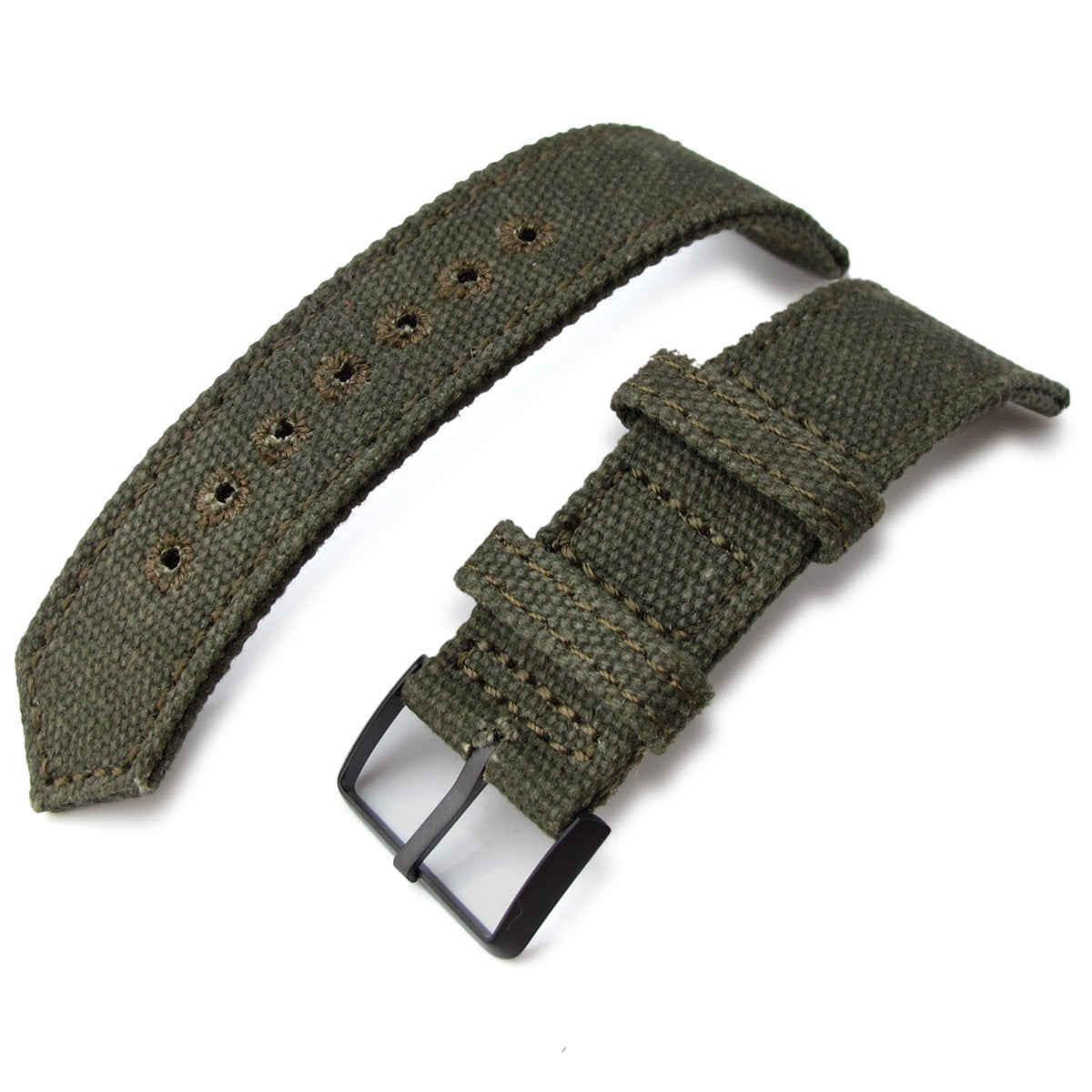 20mm, 21mm or 22mm MiLTAT WW2 2-piece Military Green Washed Canvas Watch Band with lockstitch round hole, PVD Black