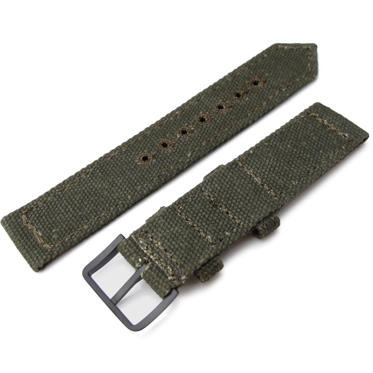 20mm, 21mm or 22mm MiLTAT WW2 2-piece Military Green Washed Canvas Watch Band with lockstitch round hole, PVD Black