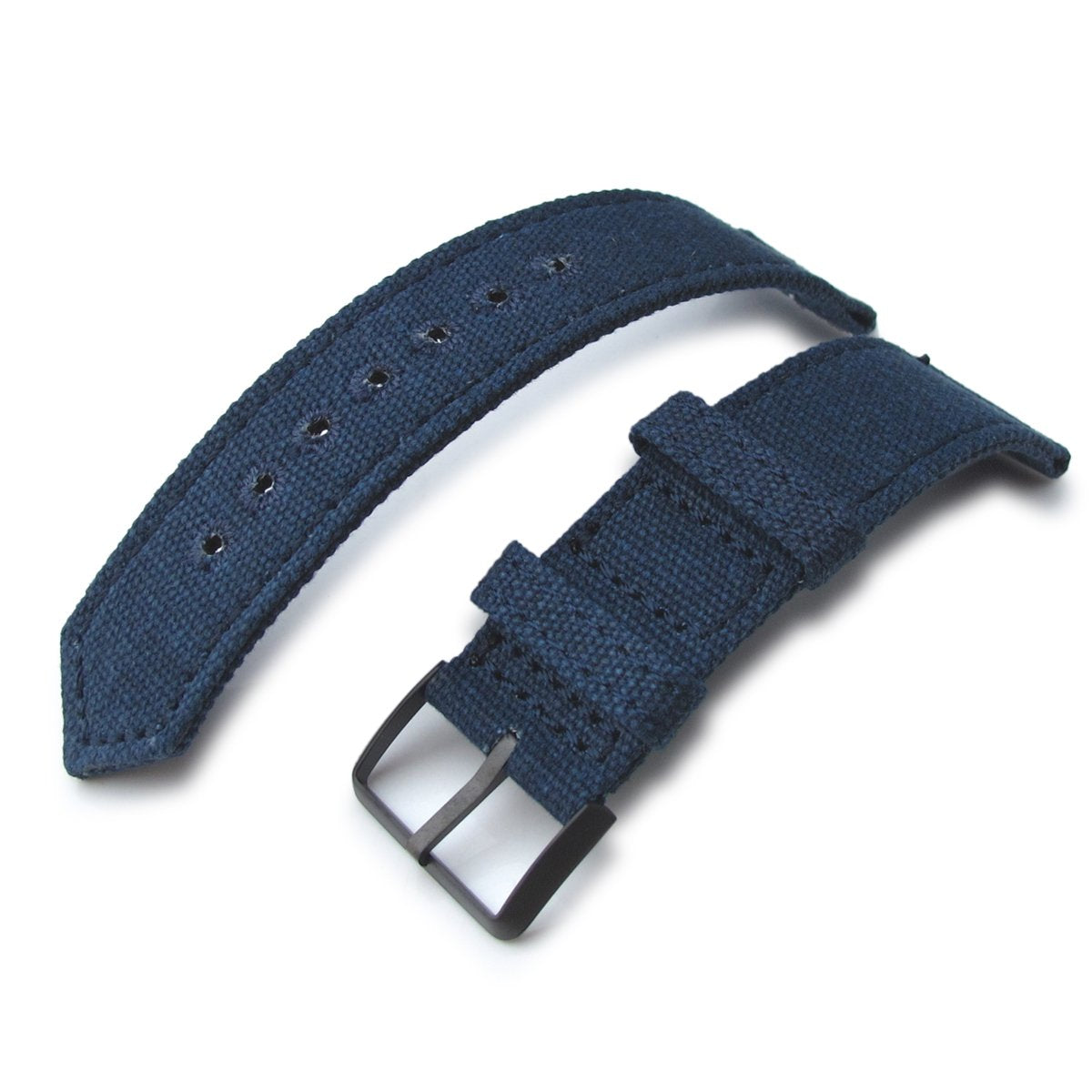 20mm, 21mm or 22mm MiLTAT WW2 2-piece Navy Washed Canvas Watch Band with lockstitch round hole, PVD Black