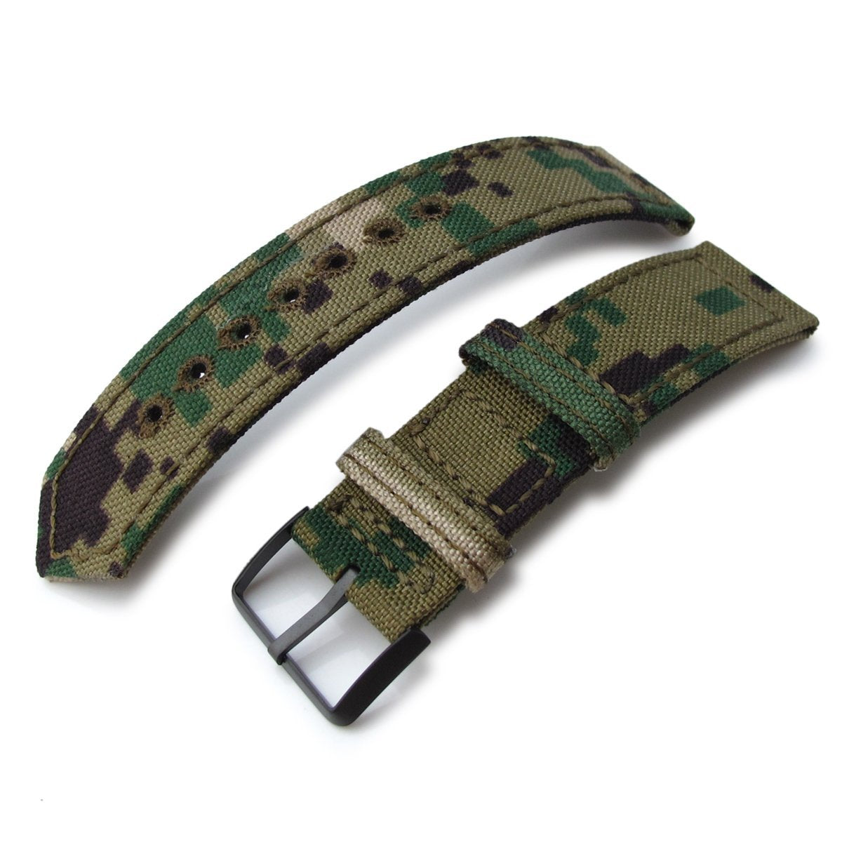 20mm, 21mm or 22mm MiLTAT WW2 2-piece Woodland Camo Cordura 1000D Watch Band with lockstitch round hole, PVD Black