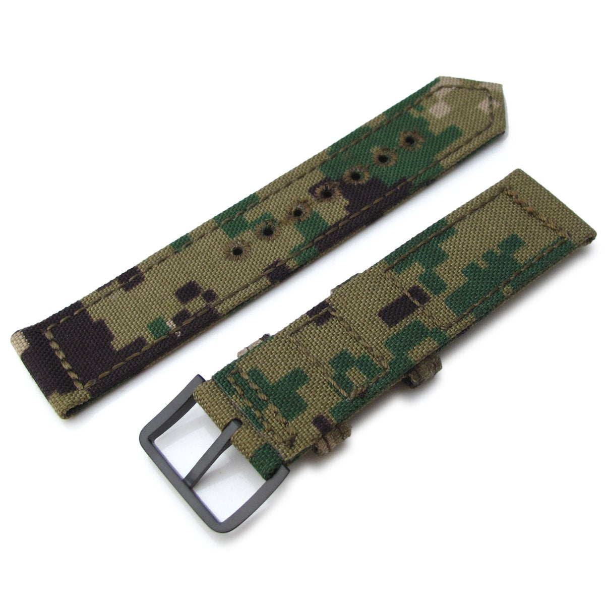 20mm, 21mm or 22mm MiLTAT WW2 2-piece Woodland Camo Cordura 1000D Watch Band with lockstitch round hole, PVD Black