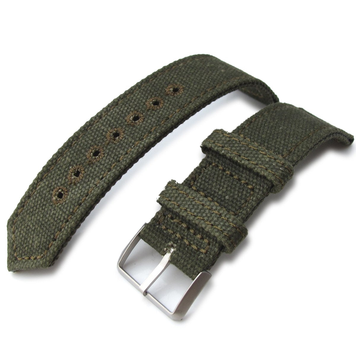 20mm, 21mm or 22mm MiLTAT WW2 2-piece Military Green Washed Canvas Watch Band with lockstitch round hole, Sandblasted