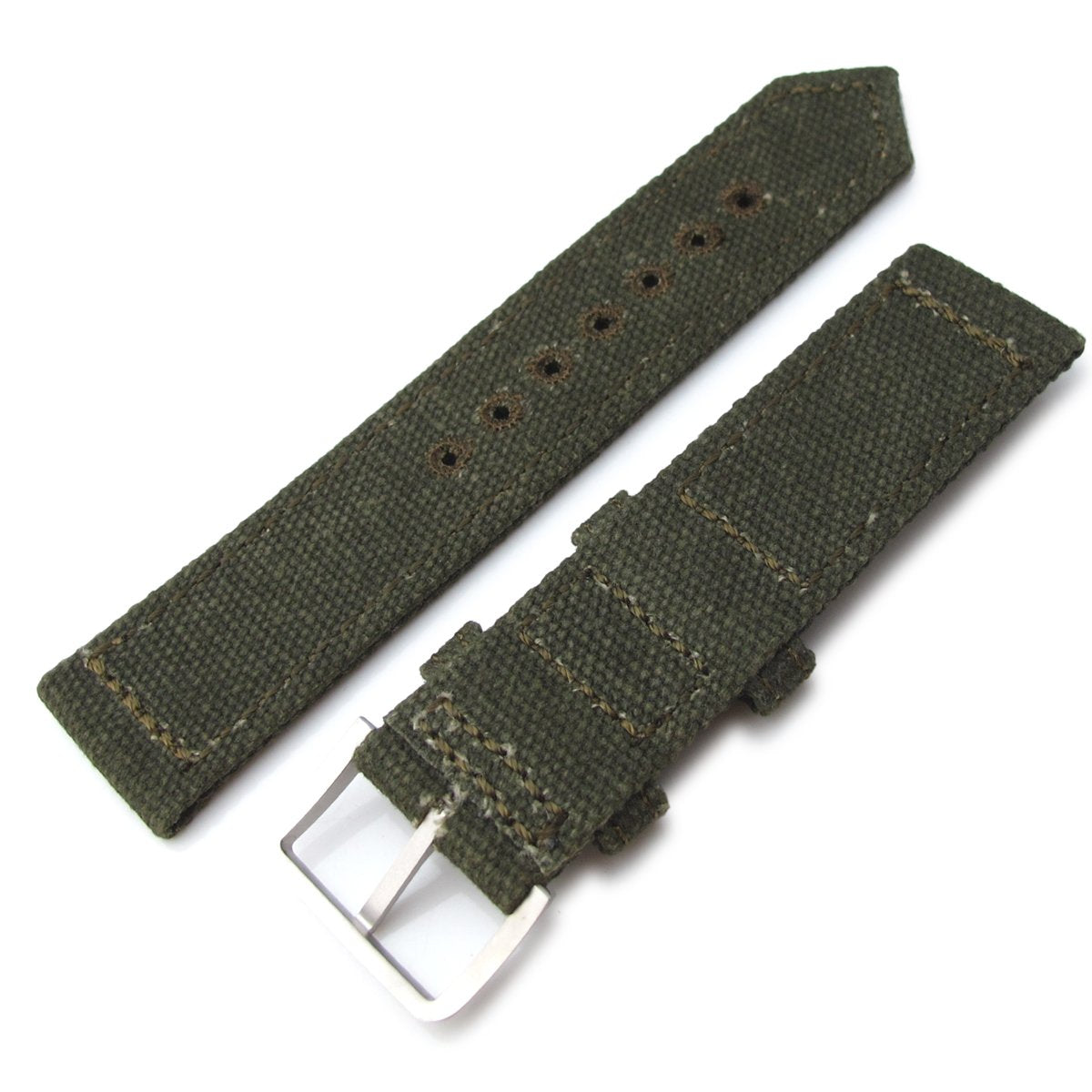 20mm, 21mm or 22mm MiLTAT WW2 2-piece Military Green Washed Canvas Watch Band with lockstitch round hole, Sandblasted