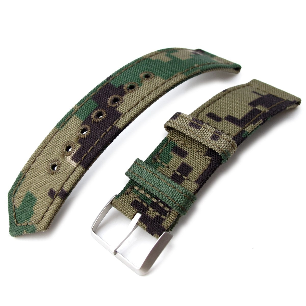 20mm, 21mm or 22mm MiLTAT WW2 2-piece Woodland Camo Cordura 1000D Watch Band with lockstitch round hole, Sandblasted