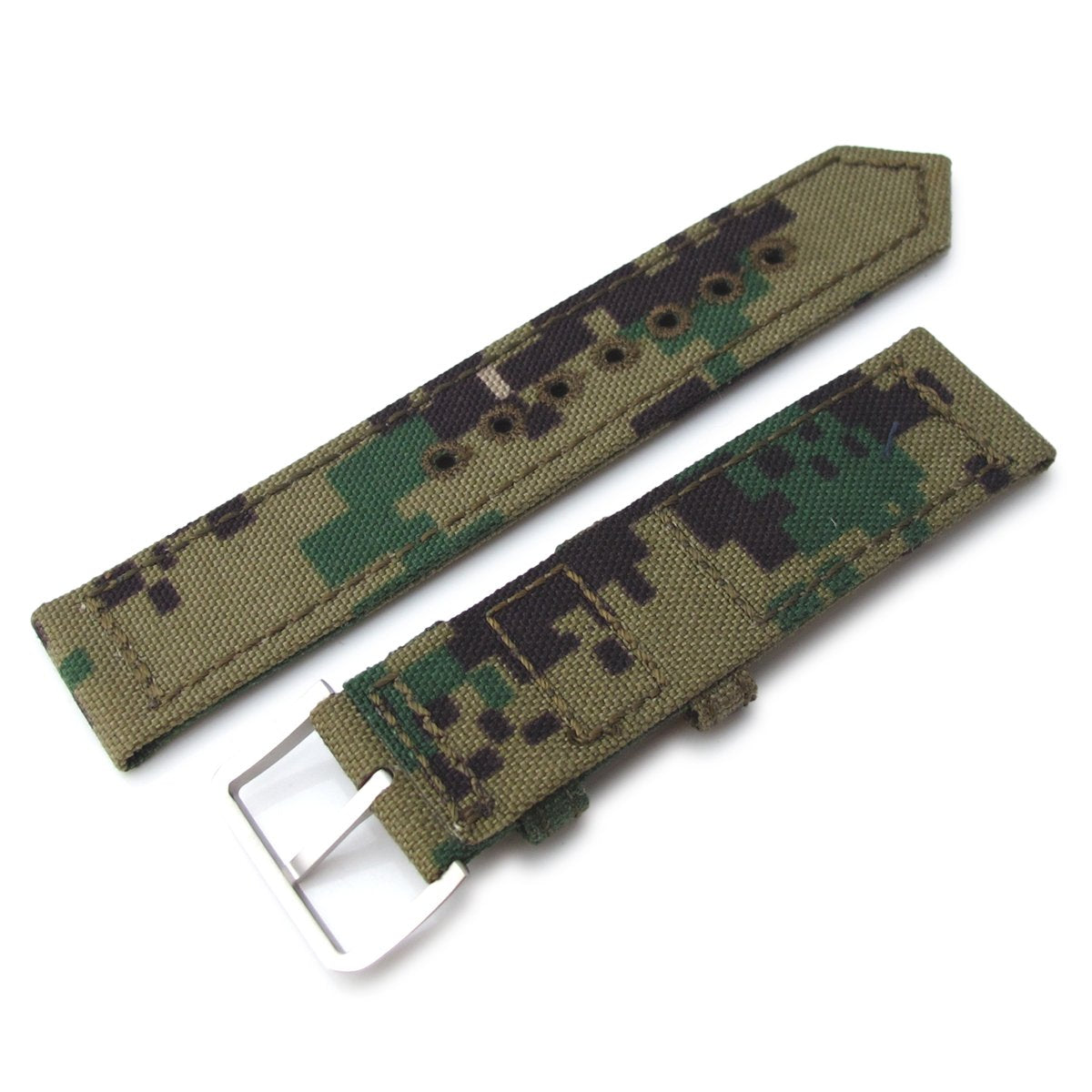 20mm, 21mm or 22mm MiLTAT WW2 2-piece Woodland Camo Cordura 1000D Watch Band with lockstitch round hole, Sandblasted