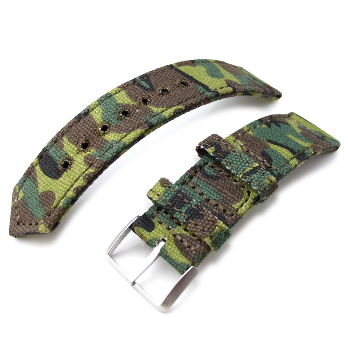 20mm, 21mm or 22mm MiLTAT WW2 2-piece ERDL Camouflage Canvas Watch Band with lockstitch round hole, Sandblasted