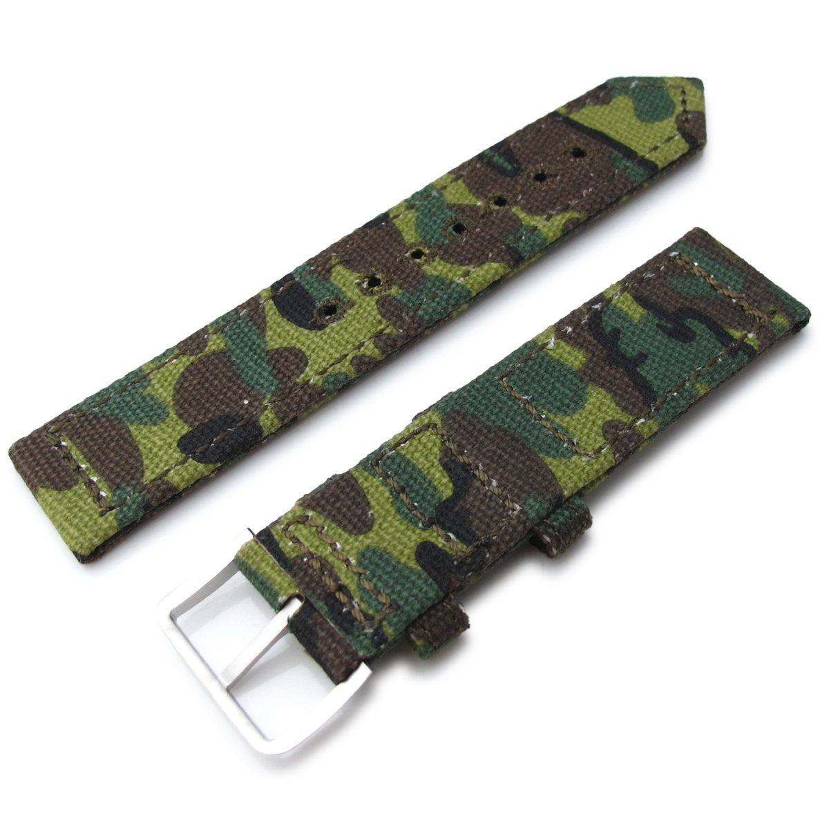 20mm, 21mm or 22mm MiLTAT WW2 2-piece ERDL Camouflage Canvas Watch Band with lockstitch round hole, Sandblasted