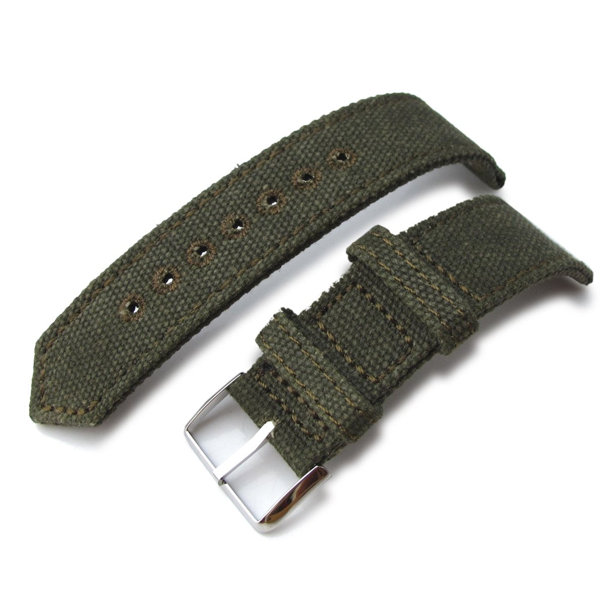 20mm, 21mm or 22mm MiLTAT WW2 2-piece Military Green Washed Canvas Watch Band with lockstitch round hole, Polished