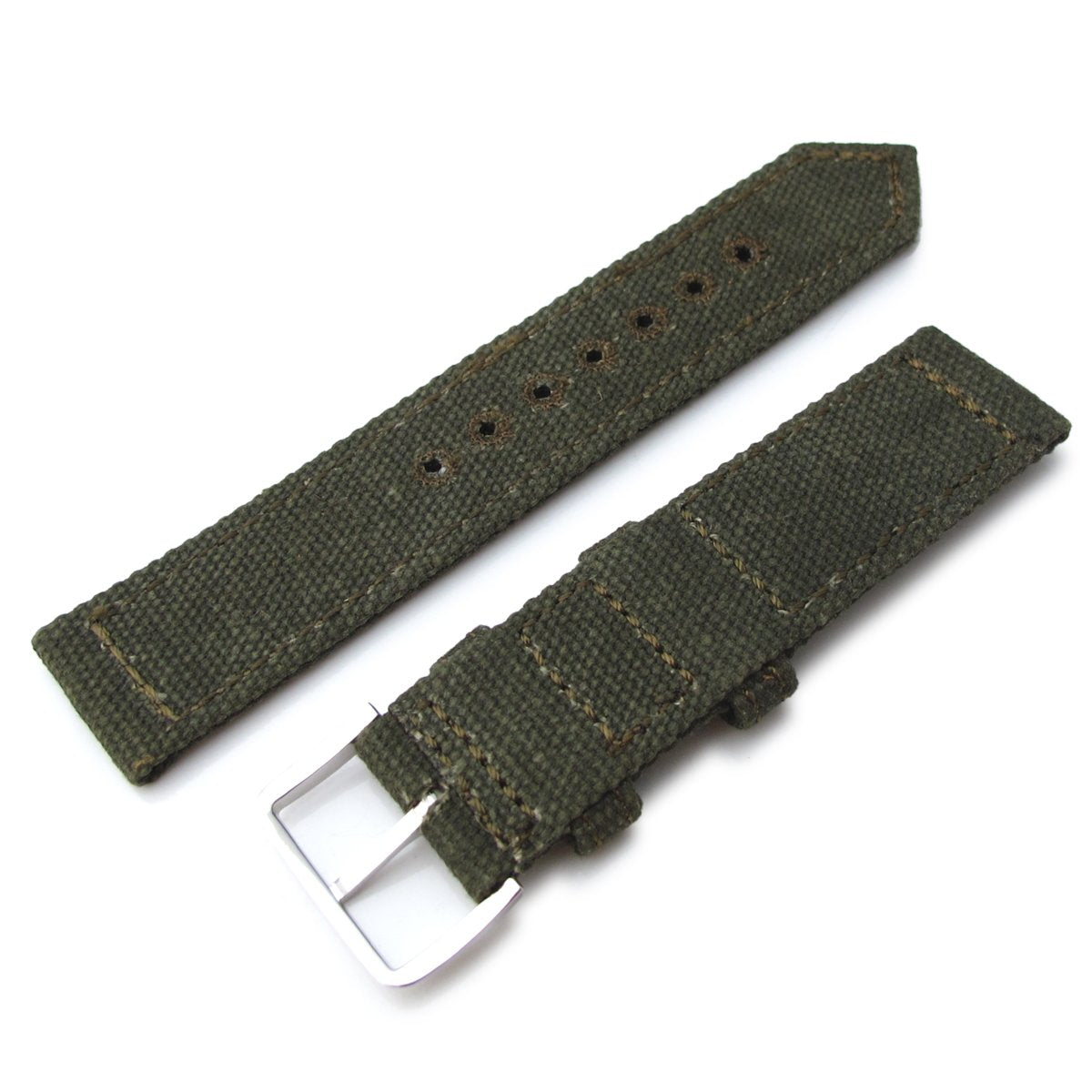 20mm, 21mm or 22mm MiLTAT WW2 2-piece Military Green Washed Canvas Watch Band with lockstitch round hole, Polished