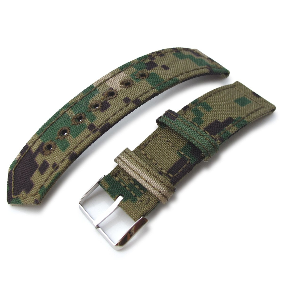 20mm, 21mm or 22mm MiLTAT WW2 2-piece Woodland Camo Cordura 1000D Watch Band with lockstitch round hole, Polished
