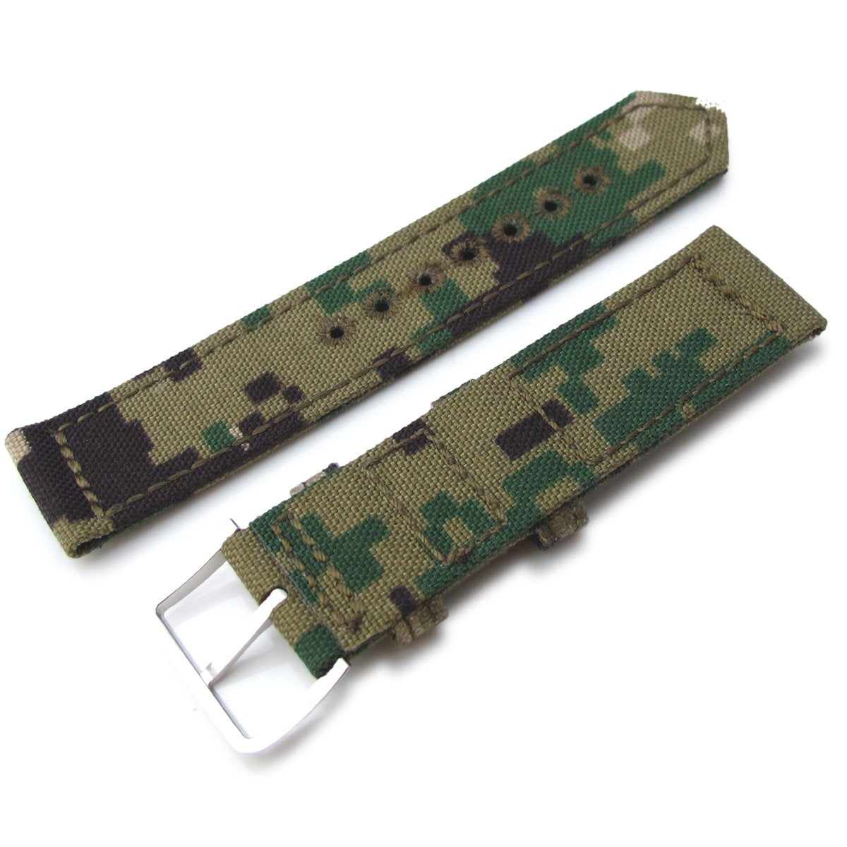 20mm, 21mm or 22mm MiLTAT WW2 2-piece Woodland Camo Cordura 1000D Watch Band with lockstitch round hole, Polished