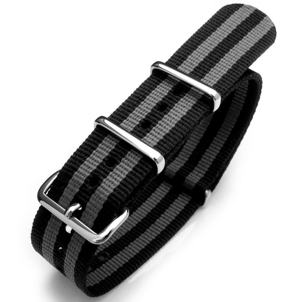 20mm or 22mm One-piece James Bond Heavy Nylon Armband Polished Buckle - NYJB Double Black &amp; Grey