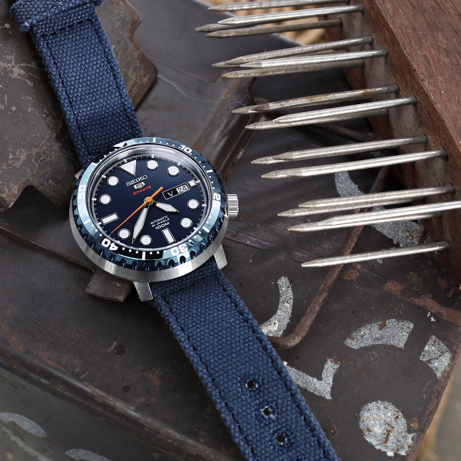 20mm, 21mm or 22mm MiLTAT WW2 2-piece Navy Washed Canvas Watch Band with lockstitch round hole, Sandblasted