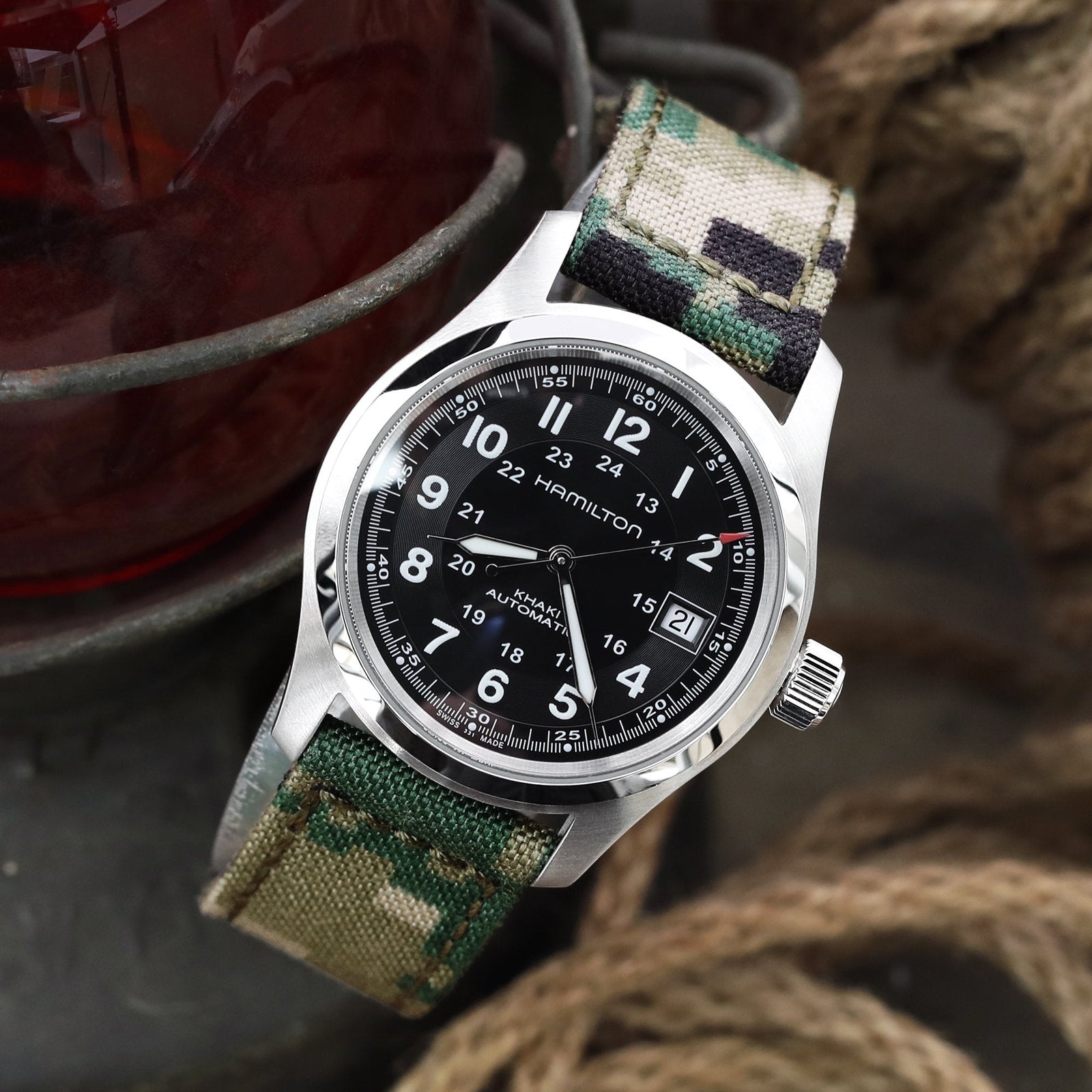 20mm, 21mm or 22mm MiLTAT WW2 2-piece Woodland Camo Cordura 1000D Watch Band with lockstitch round hole, PVD Black