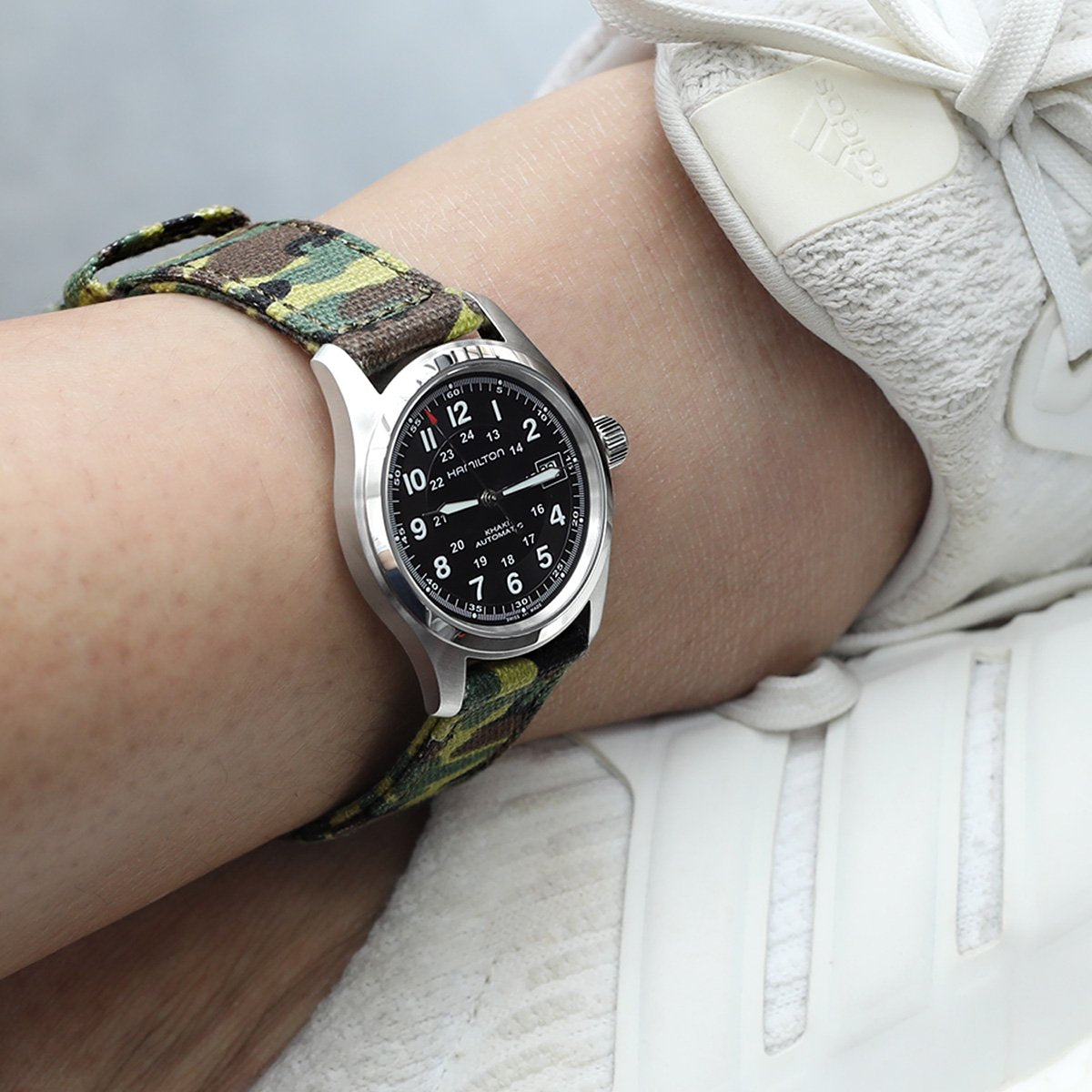 20mm, 21mm or 22mm MiLTAT WW2 2-piece ERDL Camouflage Canvas Watch Band with lockstitch round hole, Sandblasted