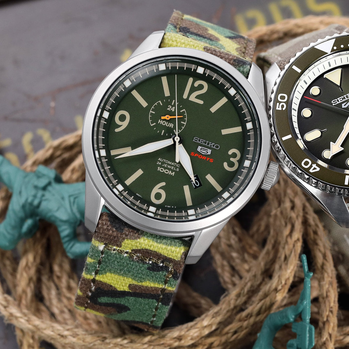 20mm, 21mm or 22mm MiLTAT WW2 2-piece ERDL Camouflage Canvas Watch Band with lockstitch round hole, Sandblasted