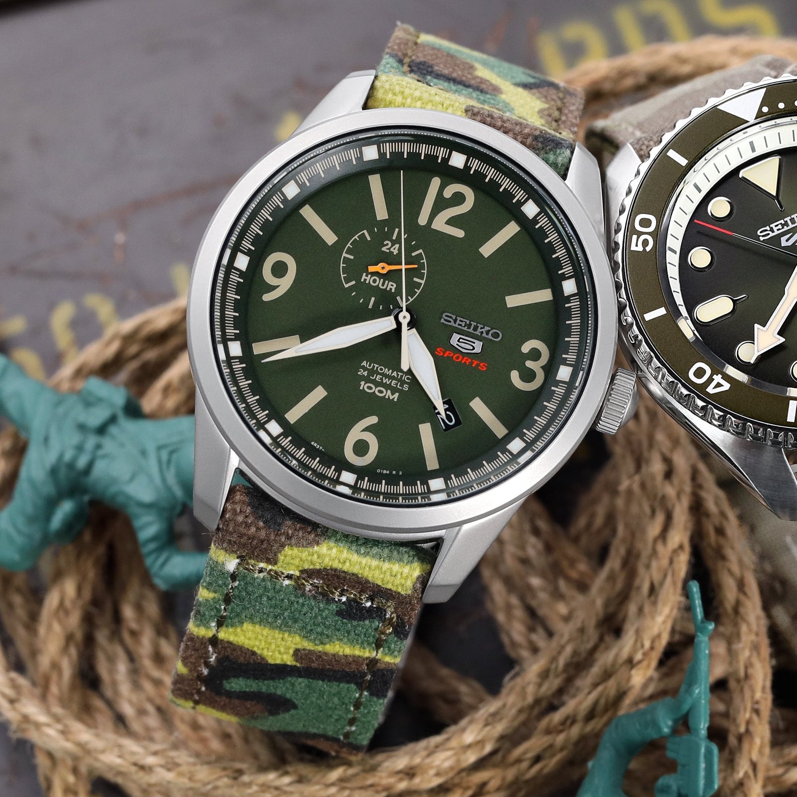 20mm, 21mm or 22mm MiLTAT WW2 2-piece ERDL Camouflage Canvas Watch Band with lockstitch round hole, Sandblasted