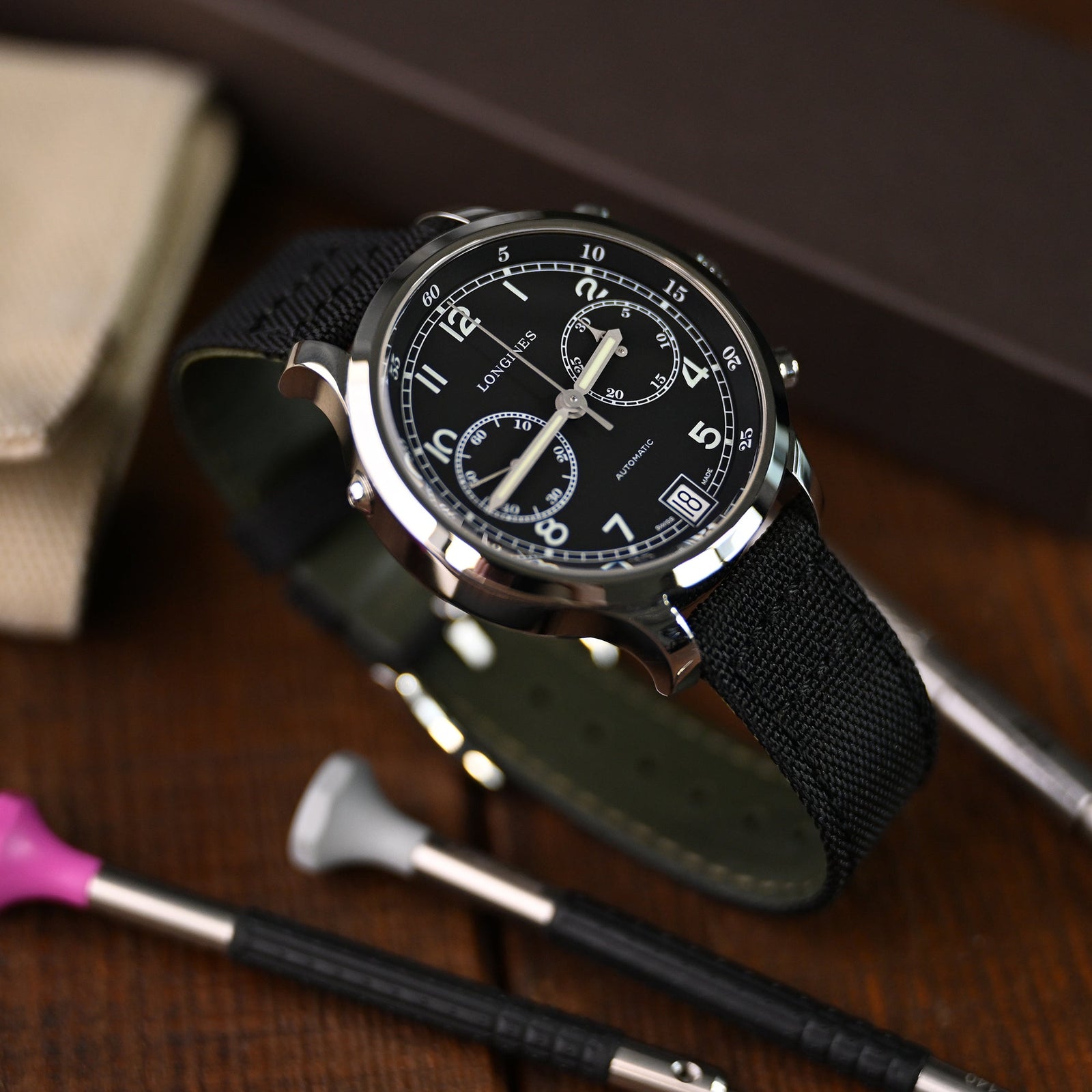 Q.R. Black Sailcloth Watch Band with leather lining, 19mm, 20mm or 23mmStrapcode watch bands