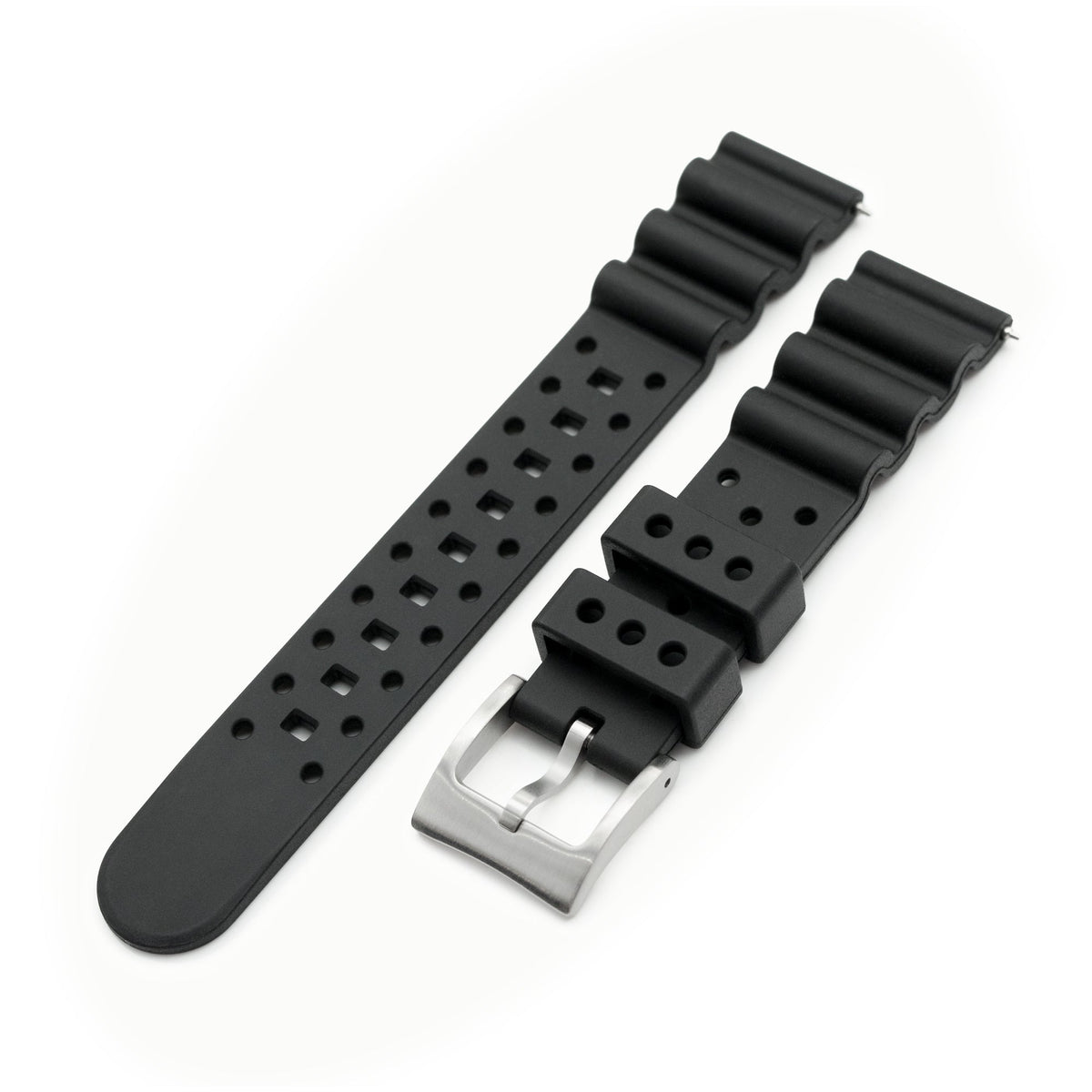 18mm, 20mm or 22mm Quick Release Watch Band Black Diver FKM Rubber Strap, Brushed