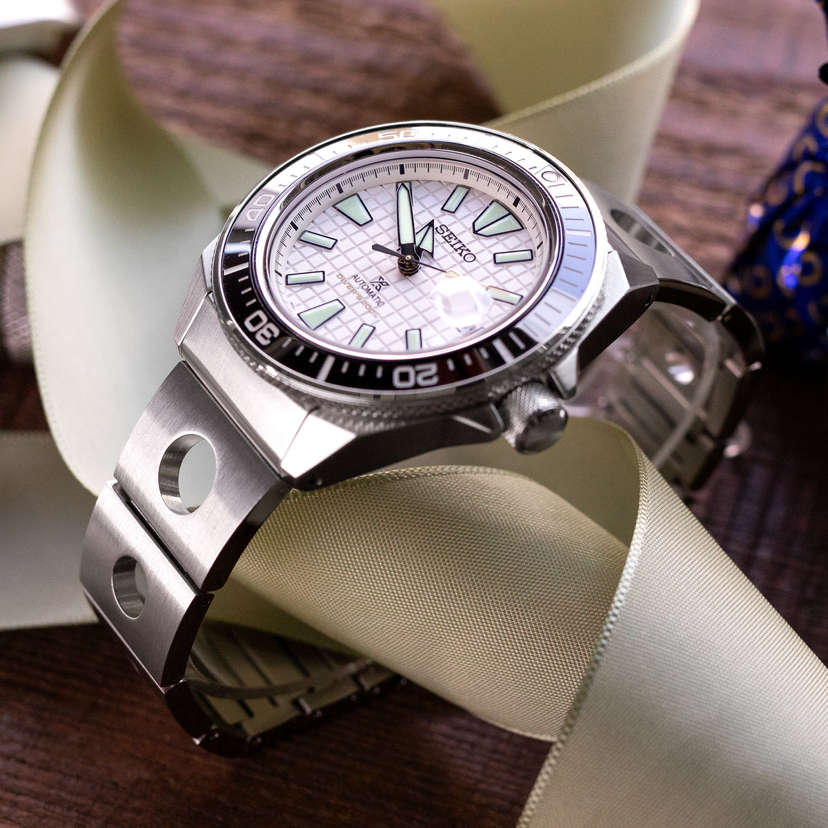 22mm Rollball Watch Band for Seiko King Samurai SRPE33, 316L Stainless Steel Brushed V-Clasp