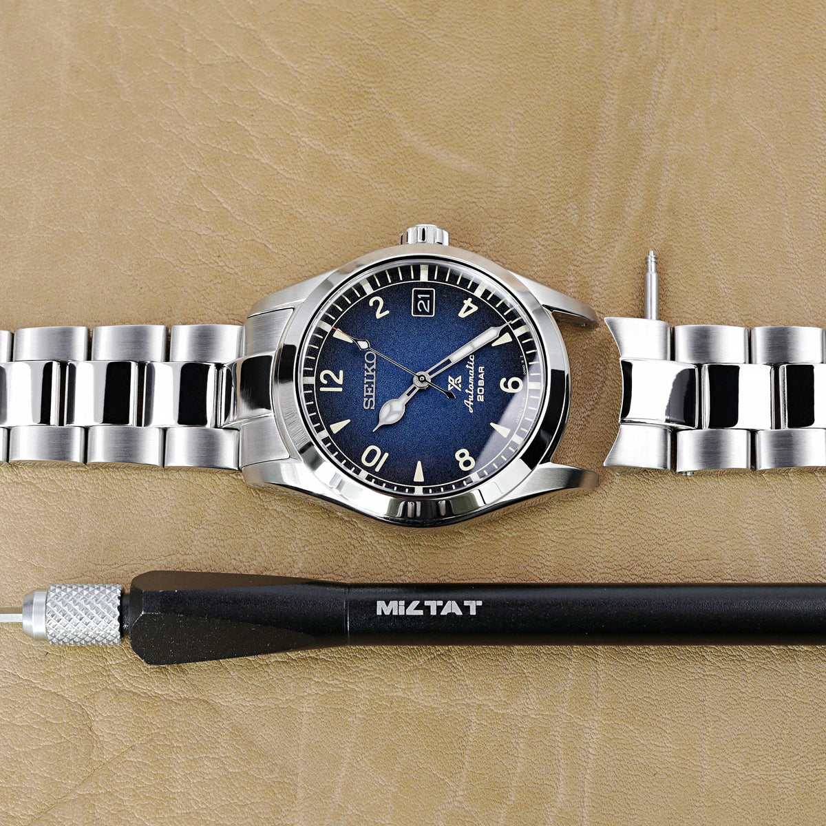 20mm Super-O Boyer Watch Band compatible with Seiko Alpinist SARB017 (or Hamilton Khaki H70455733), Brushed &amp; Polished SUB Clasp