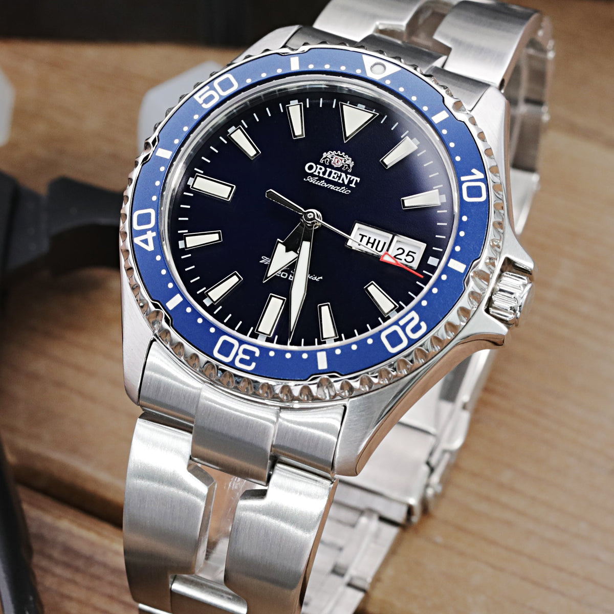 22mm Retro Shaver Blade Watch Band compatible with Orient Kamasu, 316L Stainless Steel Brushed V-Clasp