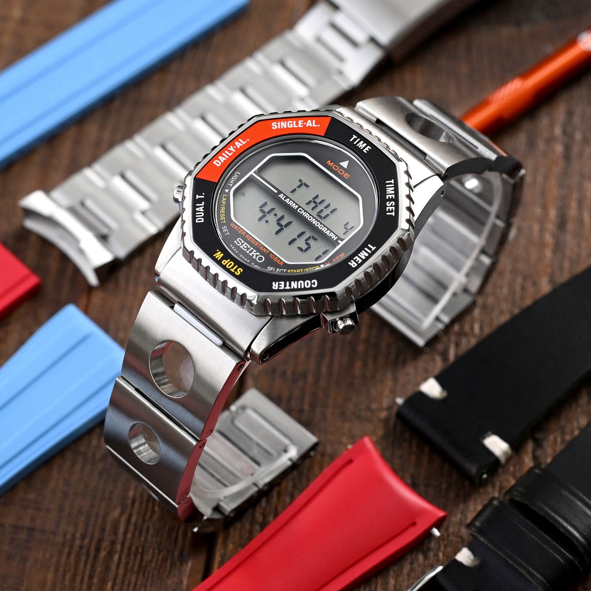 20mm Rollball version II Watch Band for Seiko 5 Sports 40mm, 316L Stainless Steel Brushed Baton Diver Clasp