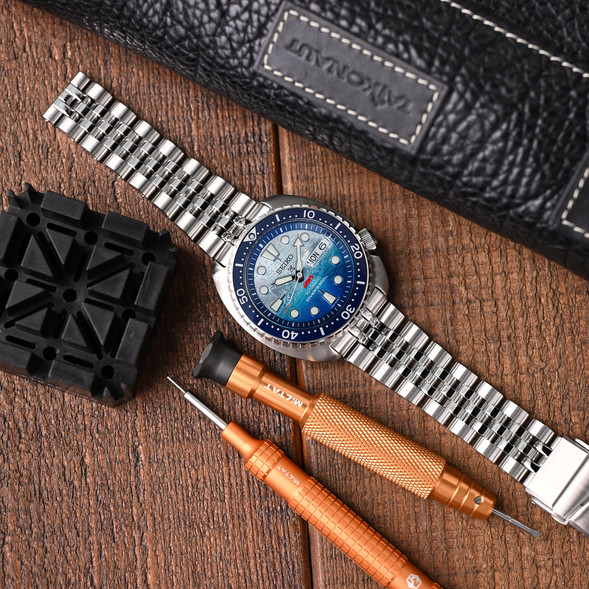 22mm Angus-J Louis JUB Watch Band compatible with Seiko Turtle SRP777, 316L Stainless Steel Brushed/Polished V-Clasp