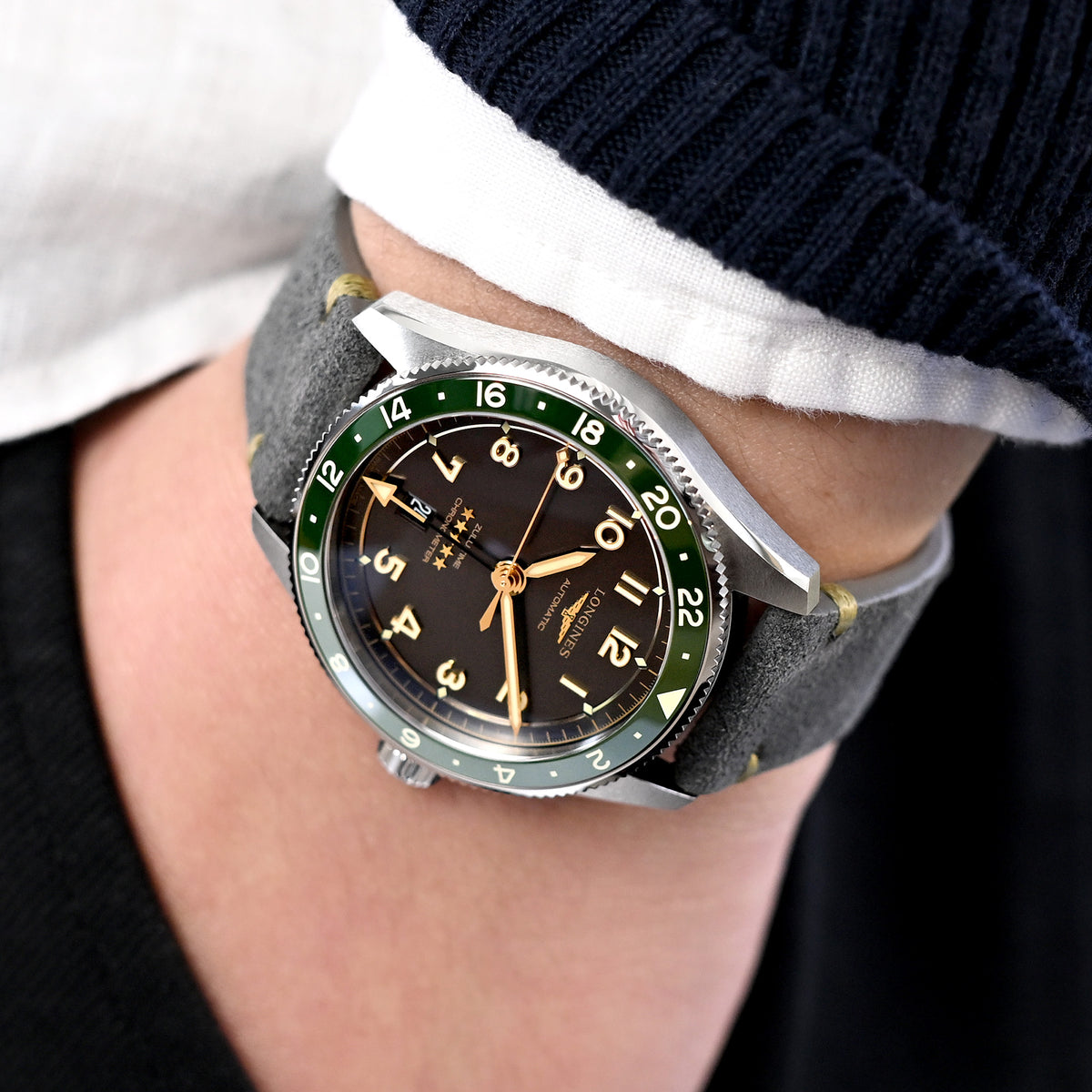22mm Grey Quick Release Italian Suede Leather Watch Strap, Military Green St.