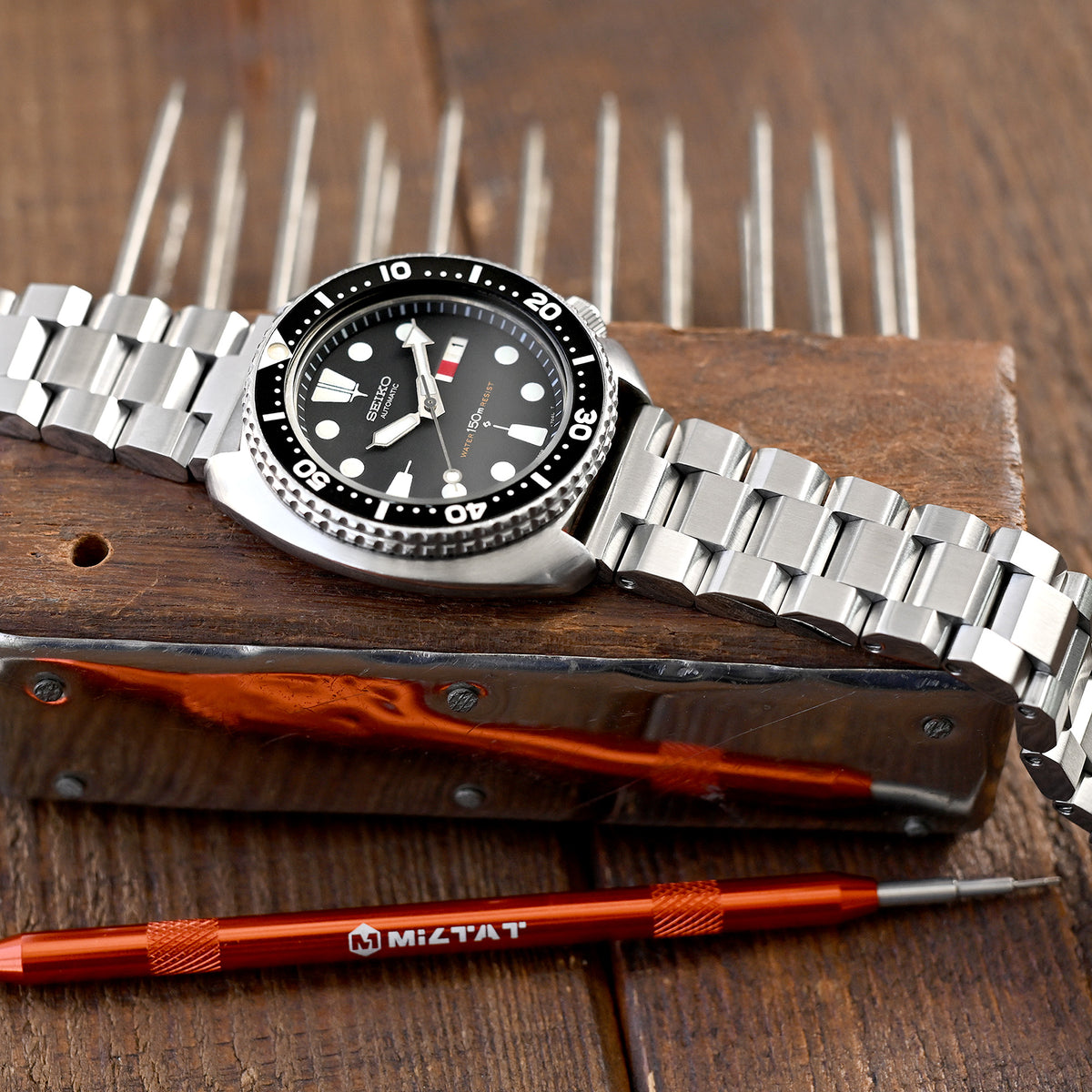 22mm Hexad Watch Band Straight End Lug, 316L Stainless Steel Brushed Diver Clasp