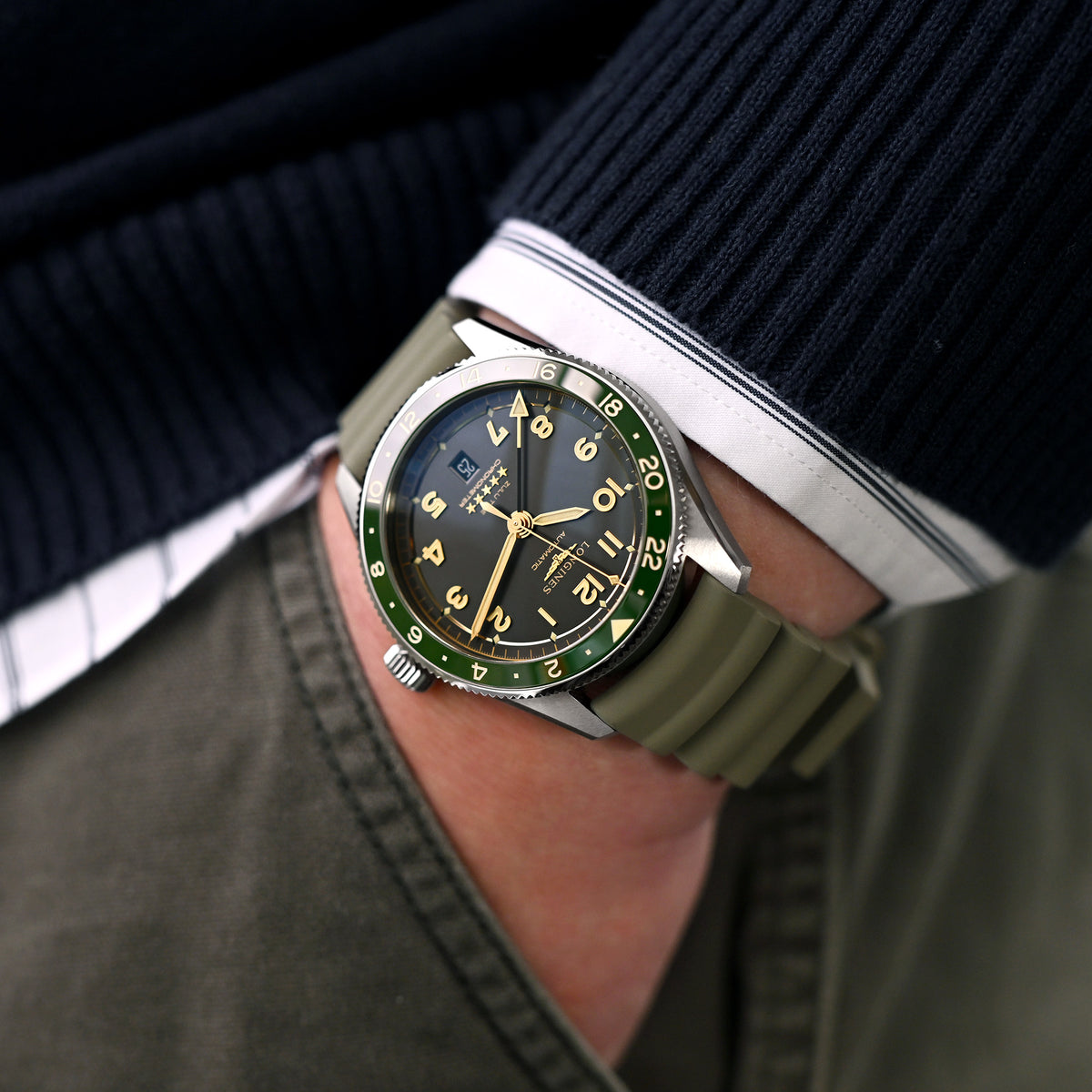 Q.R. Firewave Resilient Curved End FKM rubber Watch Strap, Ash Green