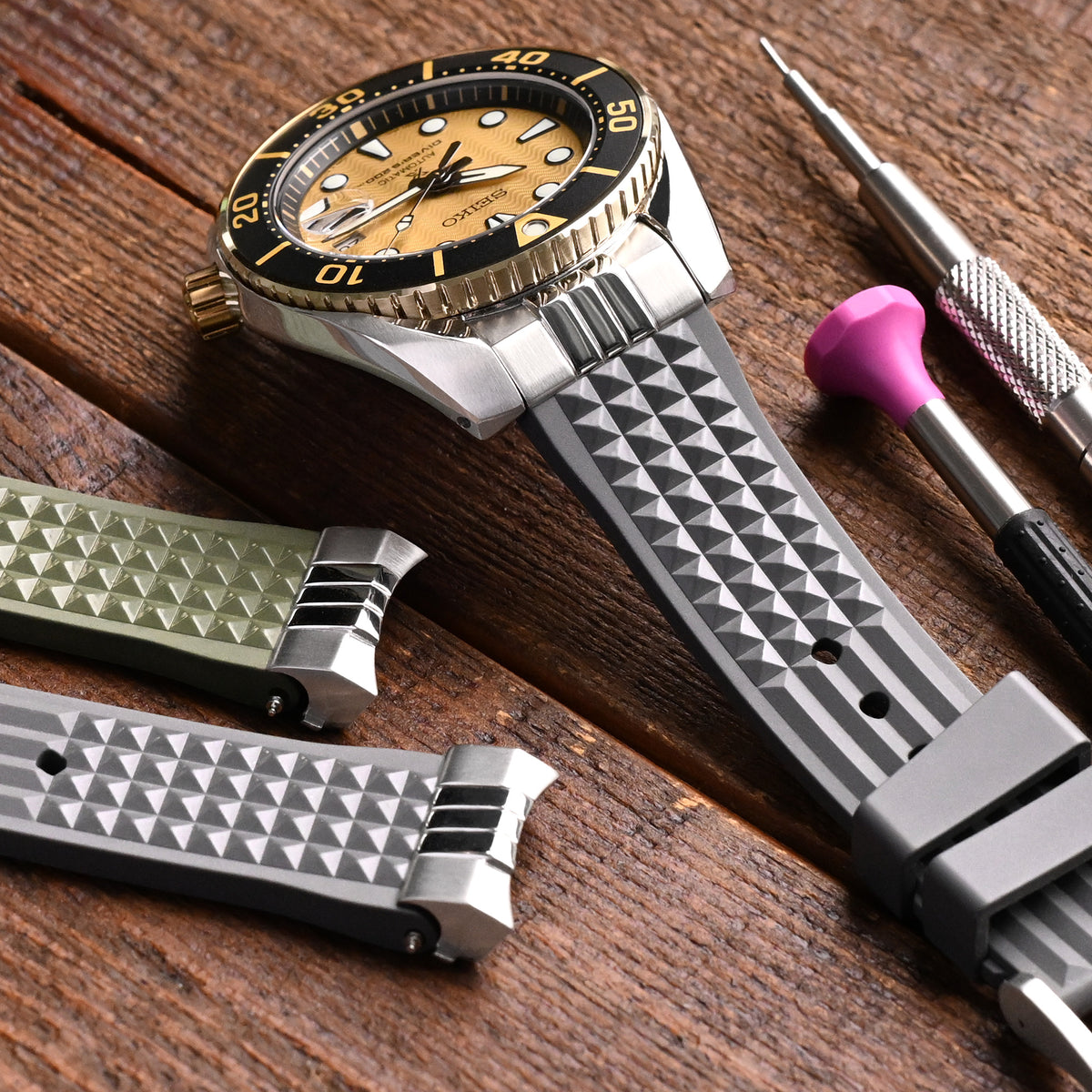 Chaffle Military Grey FKM Rubber + Add-on End Piece watch strap for Seiko Sumo SPB103
