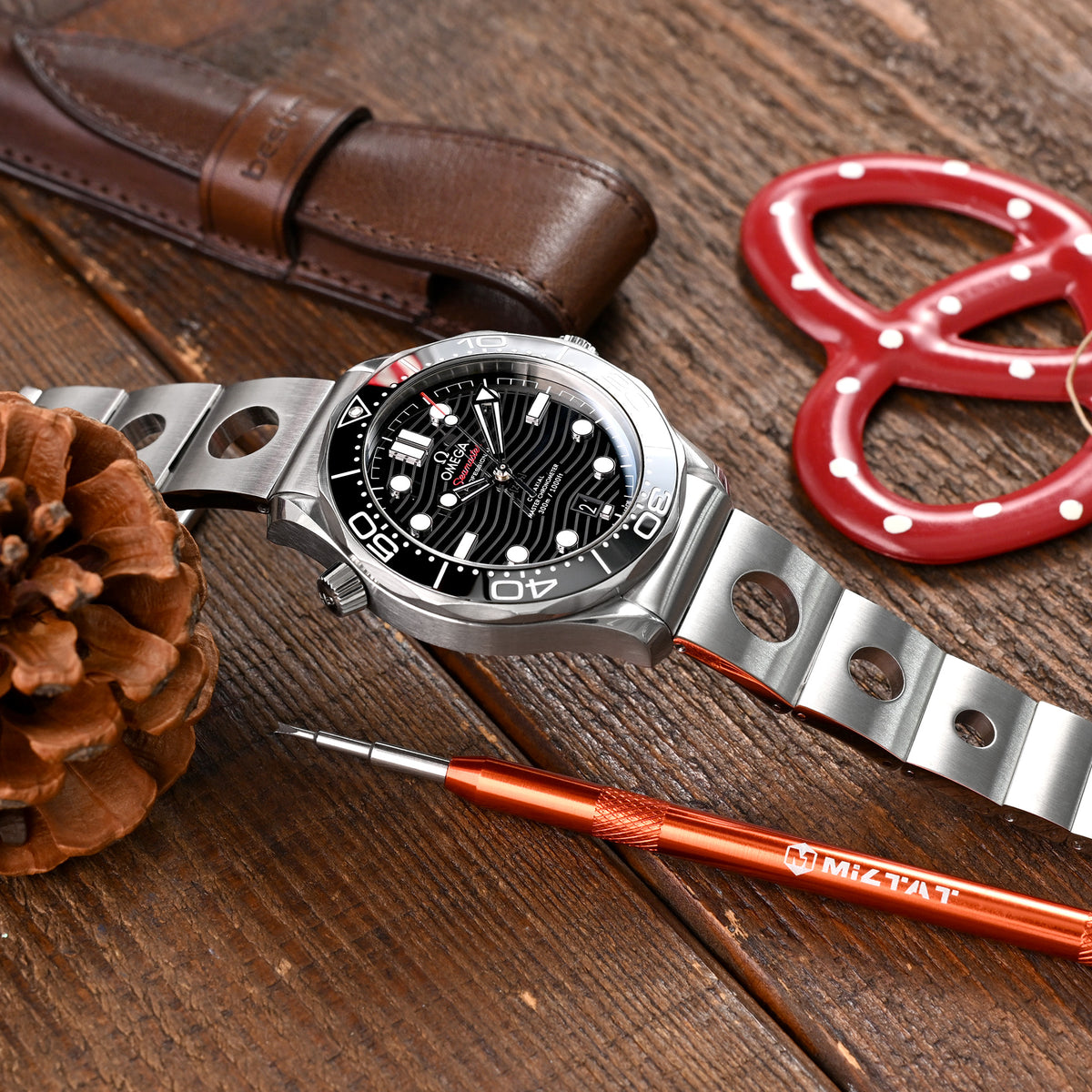 20mm Rollball version II Watch Band for Omega Seamaster 42mm, 316L Stainless Steel Brushed Baton Diver Clasp