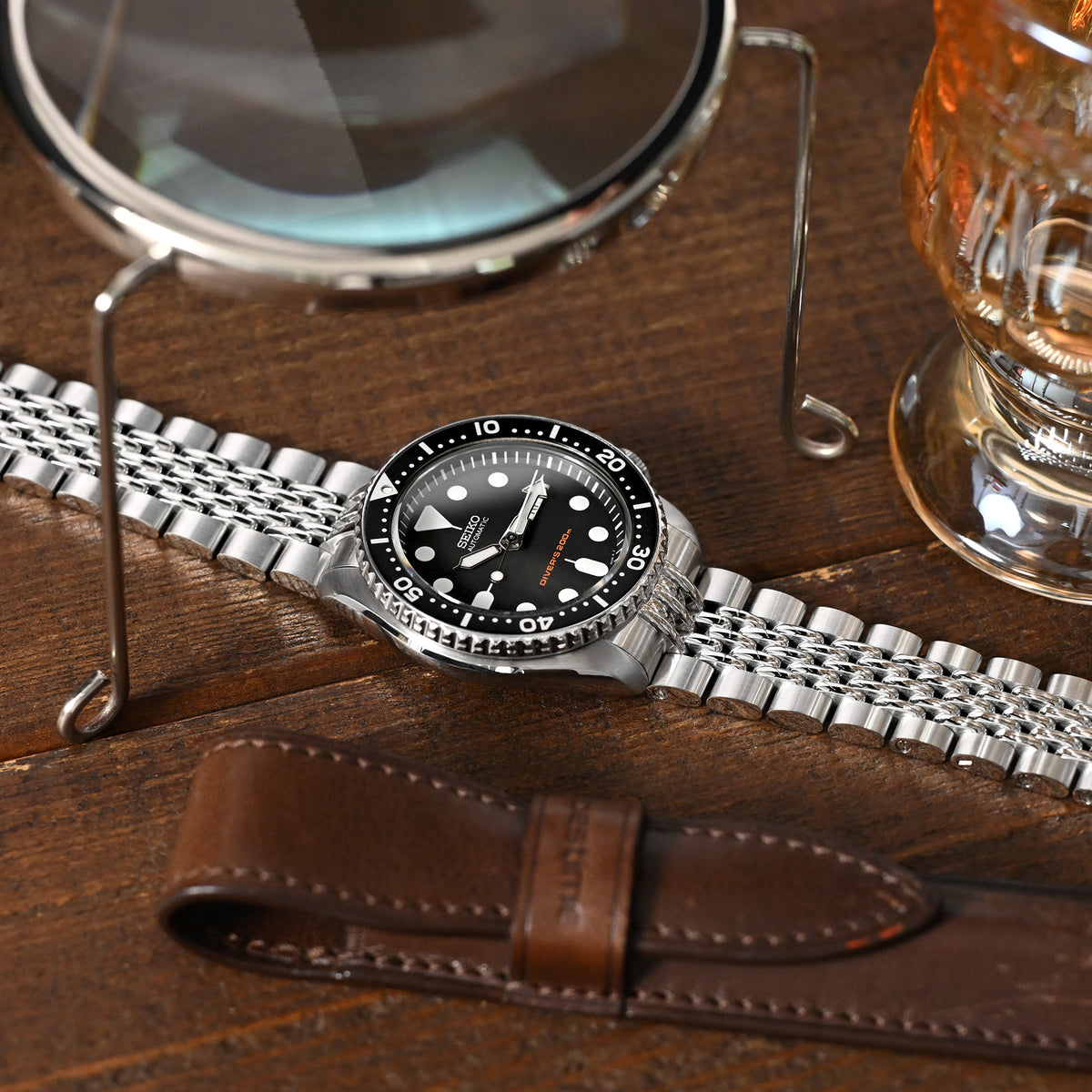 22mm Goma BOR Watch Band compatible with Seiko SKX007, 316L Stainless Steel Brushed and Polished V-Clasp