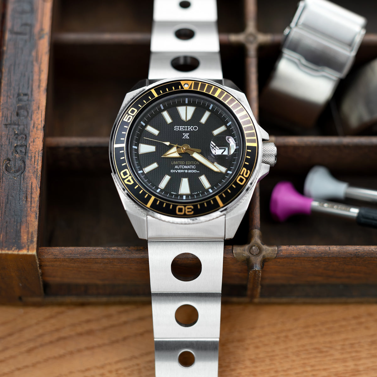 22mm Rollball version II Watch Band for Seiko Samurai SRPB51, 316L Stainless Steel Brushed Baton Diver Clasp