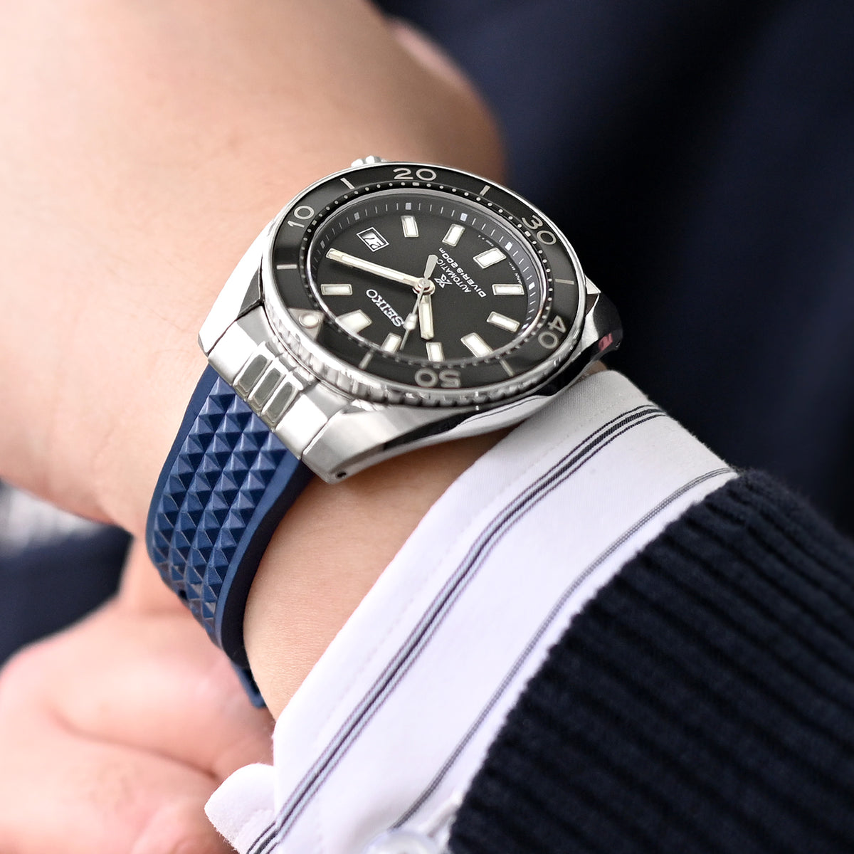 Chaffle Navy Blue FKM Rubber + Add-on End Piece watch strap for Seiko Sumo SPB103