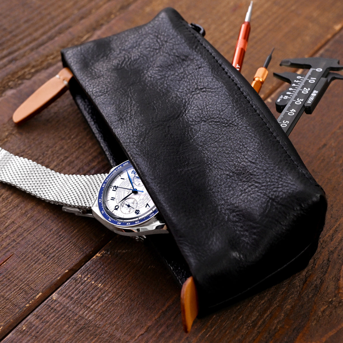 Travel Leather Zipper Watch Pouch, Two pockets storage for watch band and tools