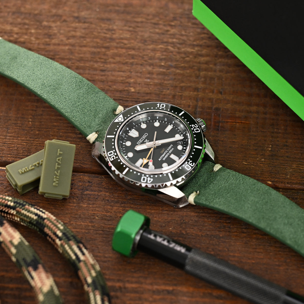 20mm or 22mm MiLTAT Green Genuine Leather One-piece Suede Quick Release Watch Strap, V-Clasp