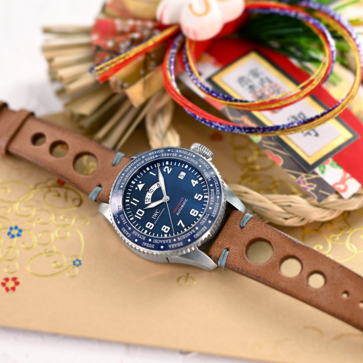 Q.R. 22mm Brown Leather Italian Handmade Racer Watch Band, Blue St.
