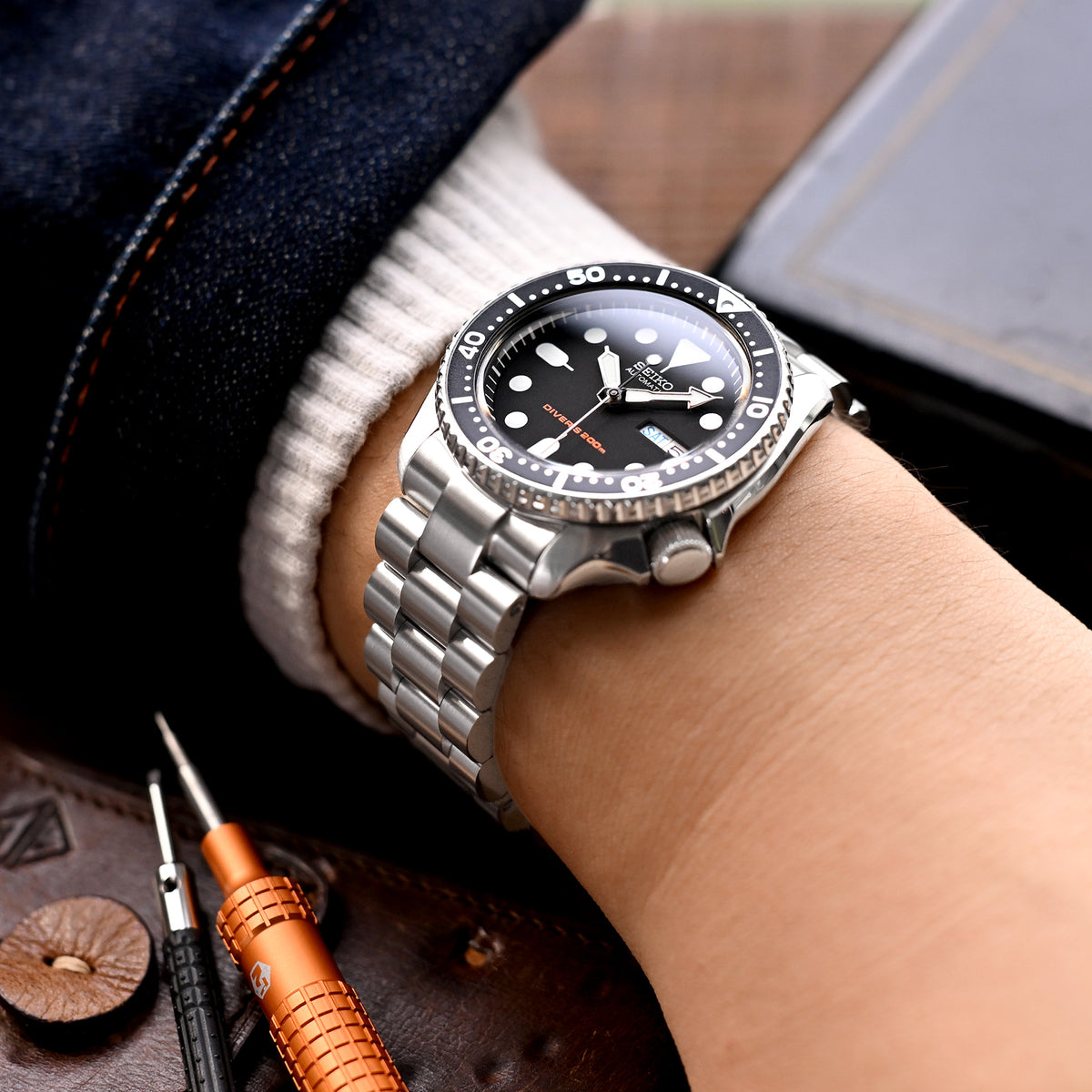 22mm Endmill Watch Band compatible with Seiko Diver SKX007, Brushed Solid 316L Stainless Steel