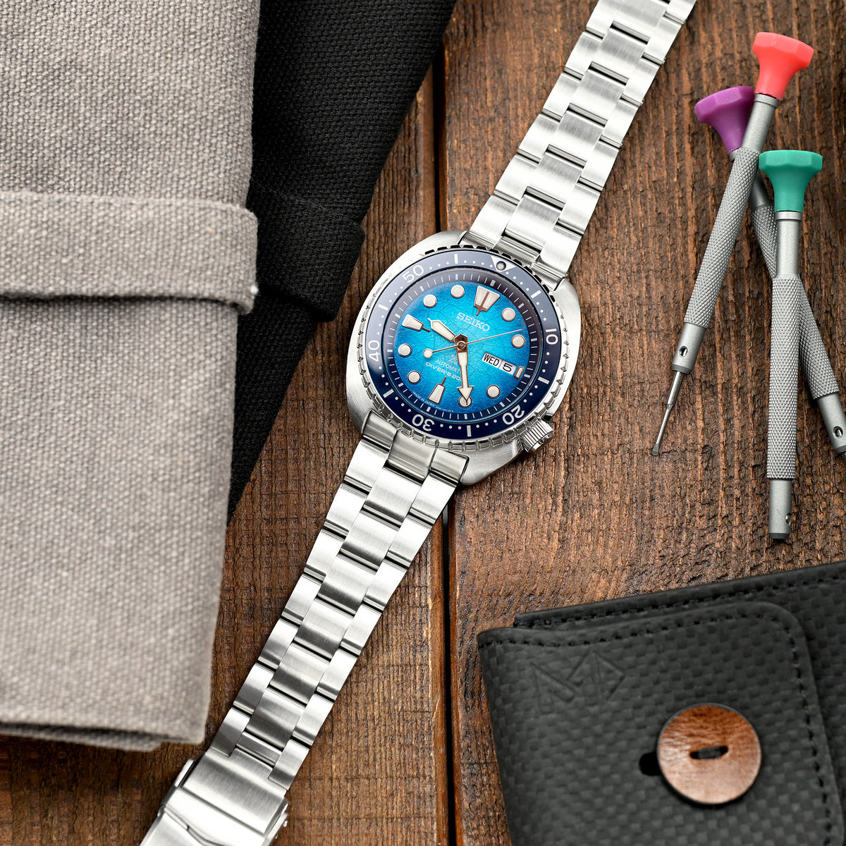 22mm Super-O Boyer Watch Band compatible with Seiko New Turtles SRP777, 316L Stainless Steel V-Clasp Brushed