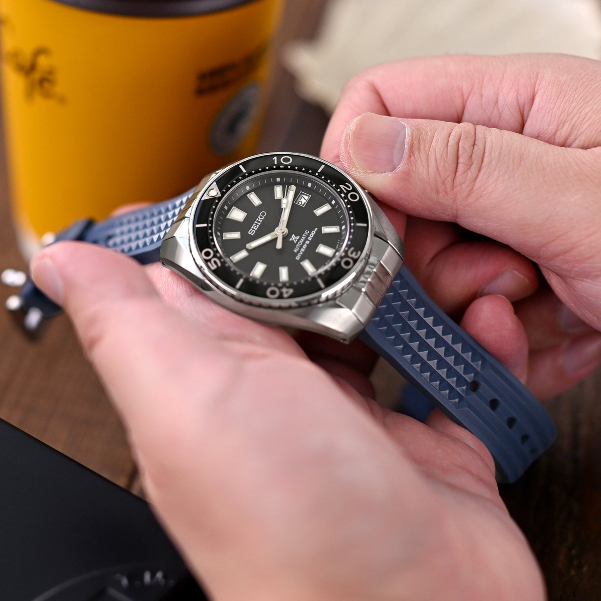 Chaffle Navy Blue FKM Rubber + Add-on End Piece watch strap for Seiko Sumo SPB103