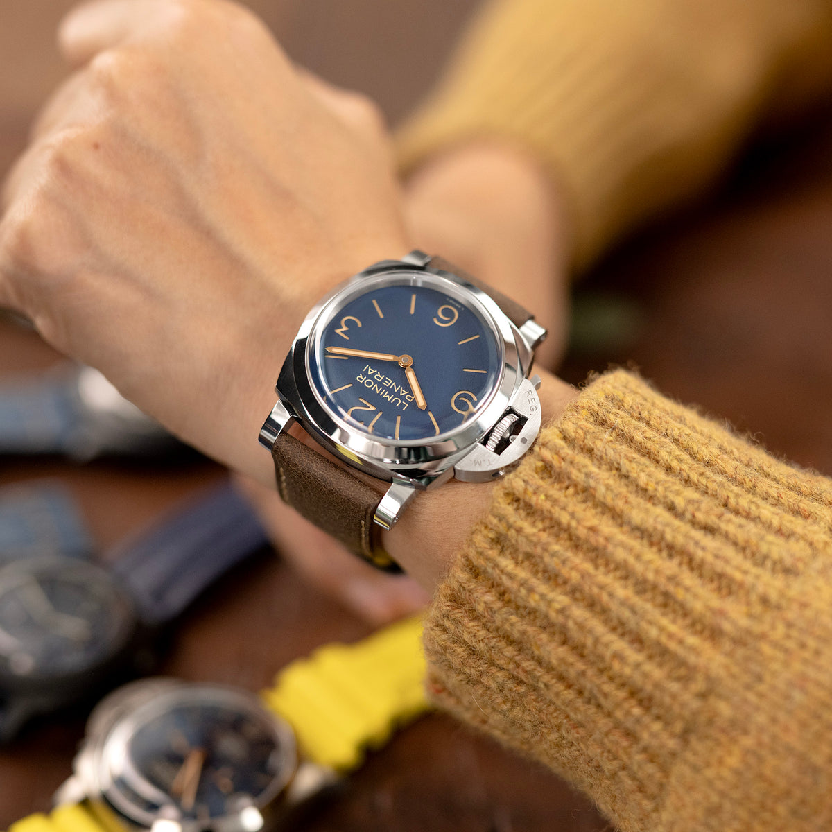 Pam Collection, Dark Brown Italian Leather Watch Strap for Panerai, Beige Stitching