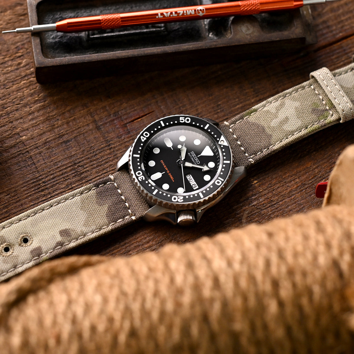 20mm or 22mm MiLTAT WW2 2-piece Light Grey Camouflage Nylon Watch Band with lockstitch round hole, Brushed