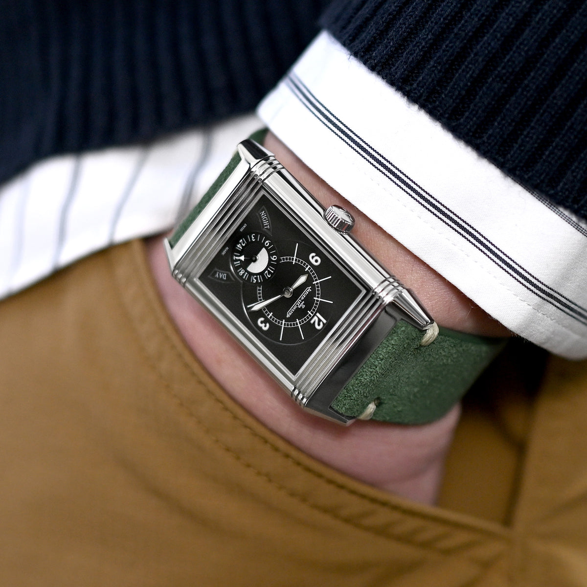 20mm or 22mm MiLTAT Green Genuine Leather One-piece Suede Quick Release Watch Strap, V-Clasp